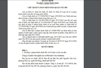 Xử phạt hành chính Công ty cổ phần Viện Nghiên cứu và Phát triển Y học Globalstar
